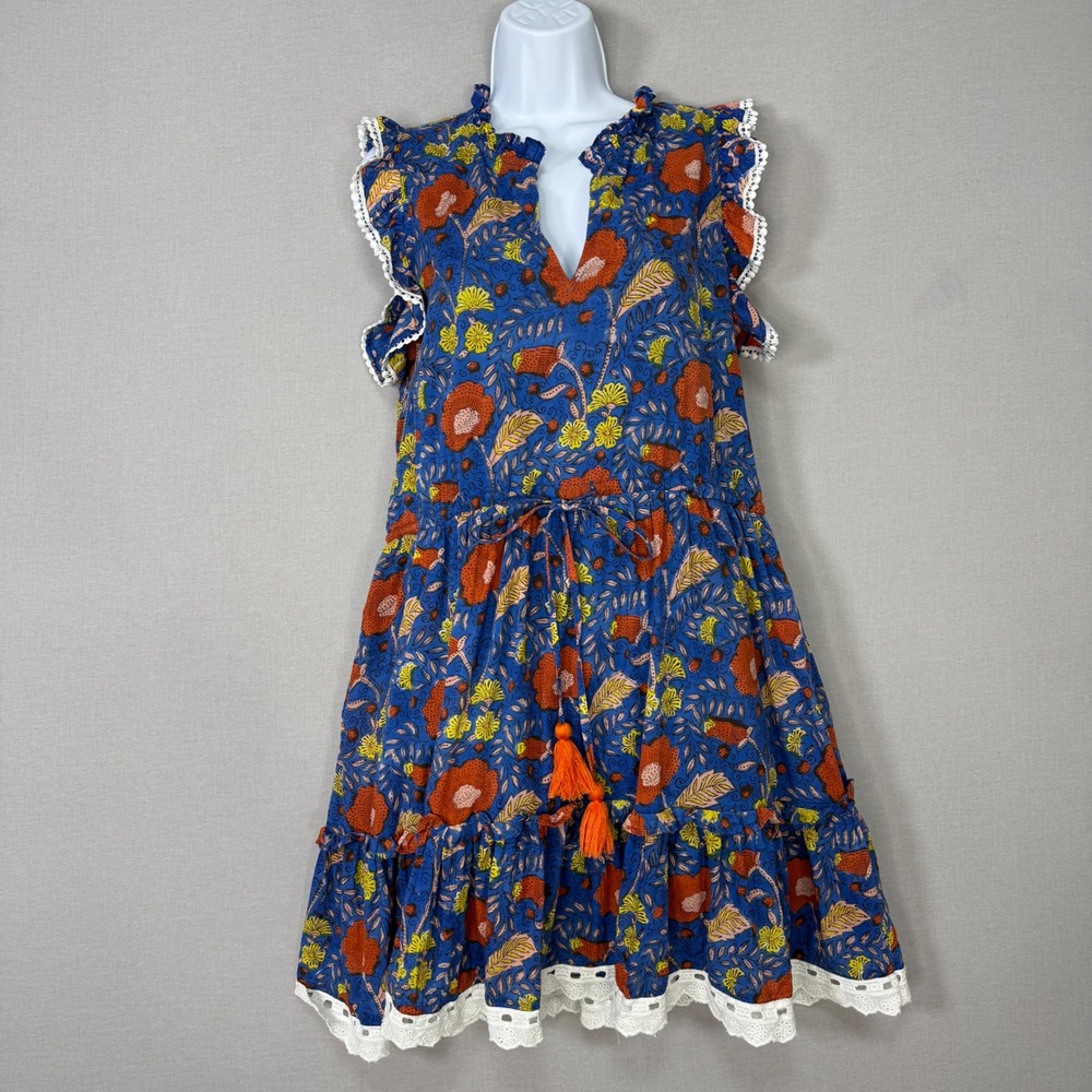 Charlee Floral‎ Ruffle Mini Dress Womens XL Blue Tassel 100% Cotton Cottage Boho